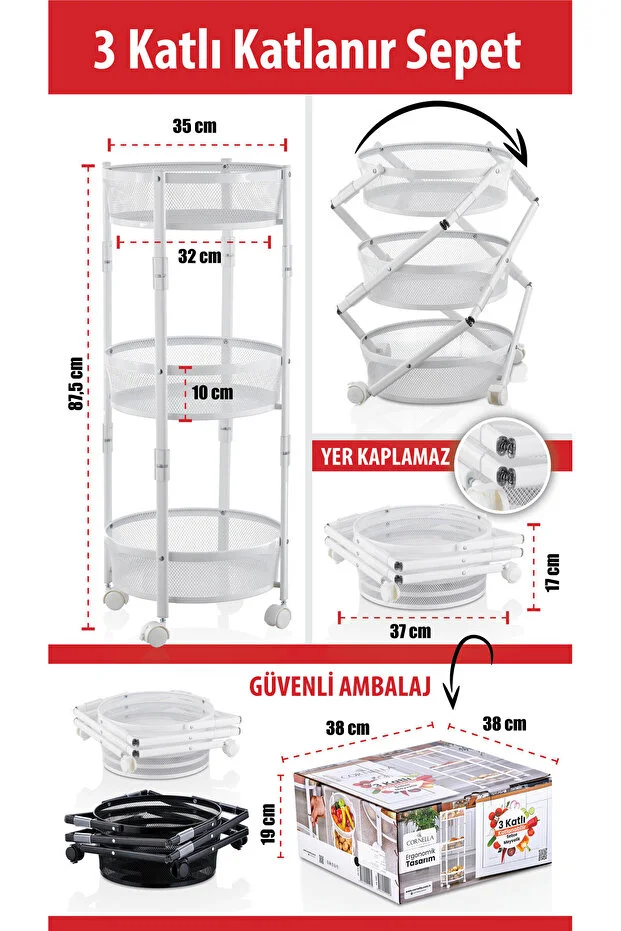 Cornella 3 Katlı Pratik Katlanır Metal Beyaz Renk Tekerlekli Sepet Patates Soğanlık - Çok Amaçlı Organizer
